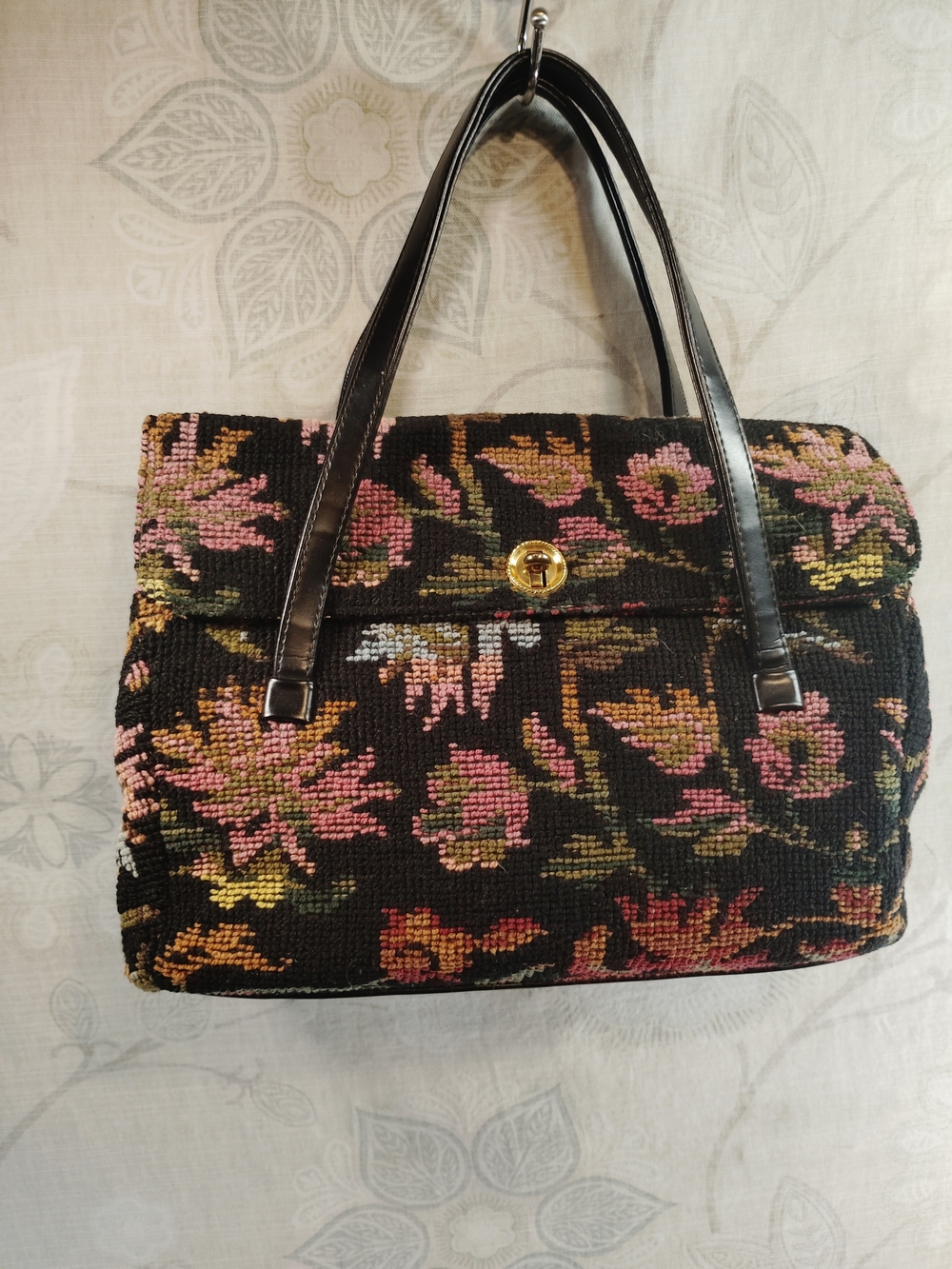 Vintage Black Floral Carpet Bag/Needlepoint Shoulder Bag w/ Pink Floral Accents